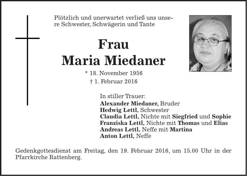 Traueranzeige Maria Miedaner