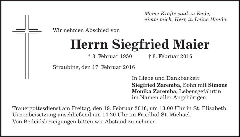 Traueranzeige Siegfried Maier
