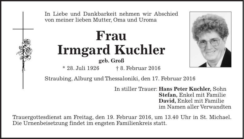 Traueranzeige Irmgard Kuchler
