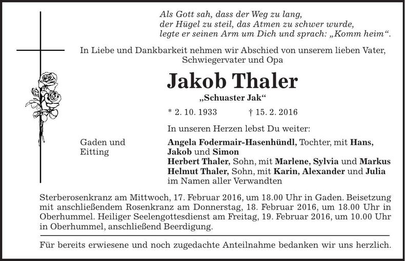 Traueranzeige Thaler Jakob