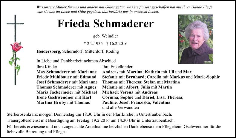 Traueranzeige Frieda Schmaderer