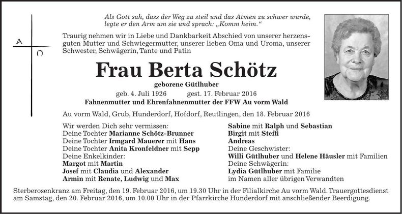 Traueranzeige Berta Schötz
