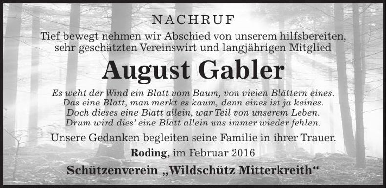 Traueranzeige August Gabler