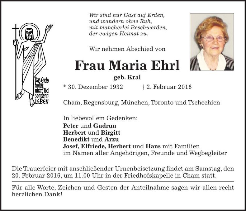 Traueranzeige Maria Ehrl