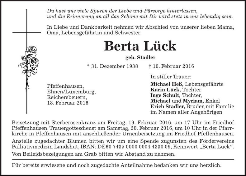 Traueranzeige Berta Lück