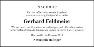Traueranzeige Gerhard Feldmeier