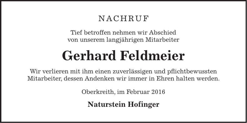 Traueranzeige Gerhard Feldmeier