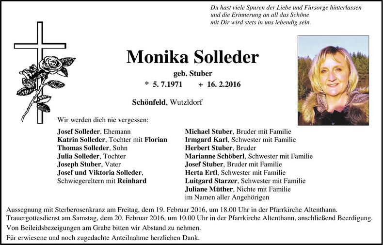 Traueranzeige Monika Solleder