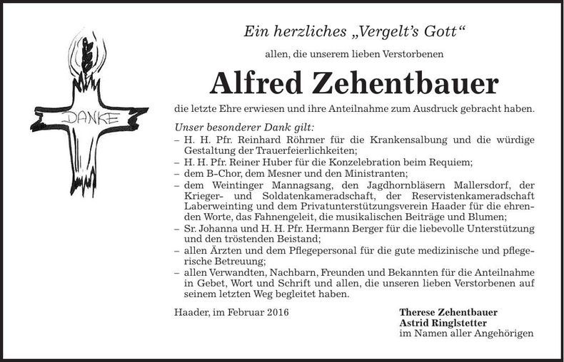 Traueranzeige Alfred Zehentbauer