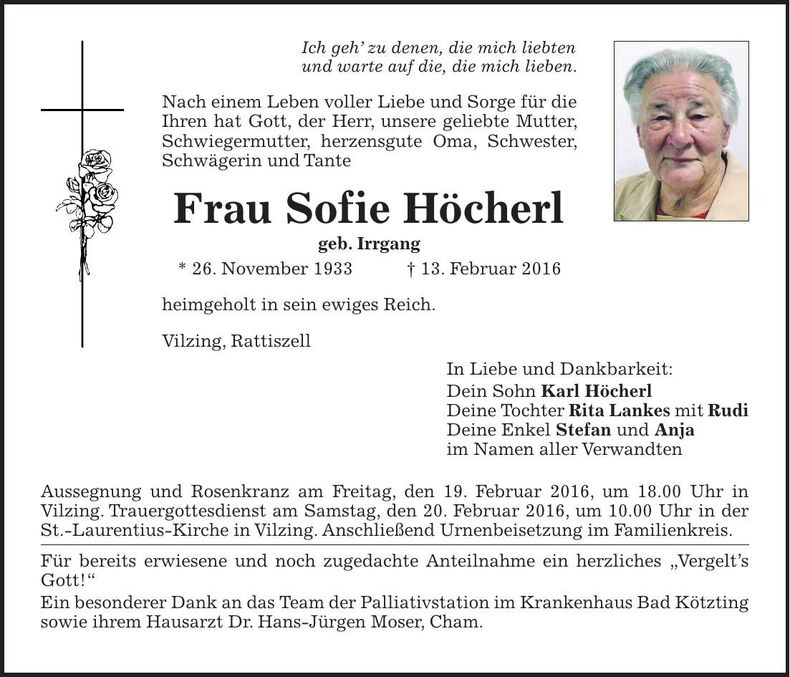 Traueranzeige Sofie Höcherl