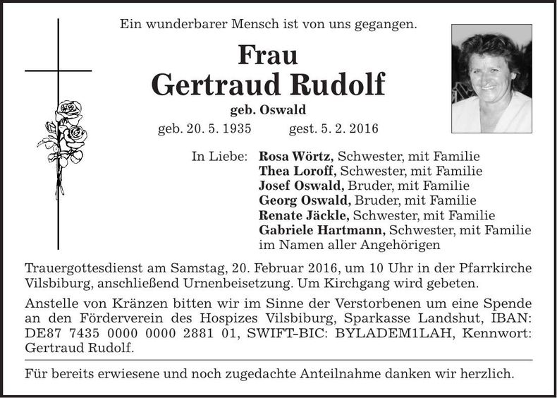 Traueranzeige Gertraud Rudolf