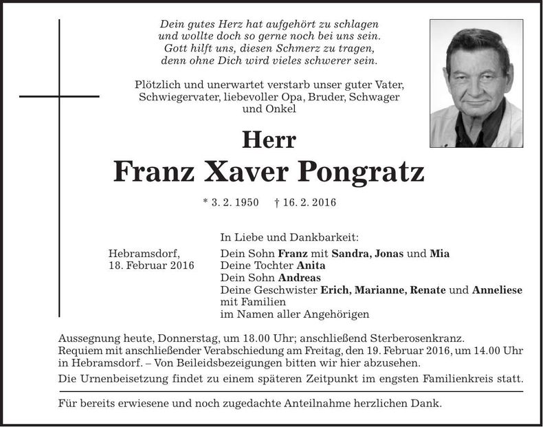 Traueranzeige Franz Xaver Pongratz