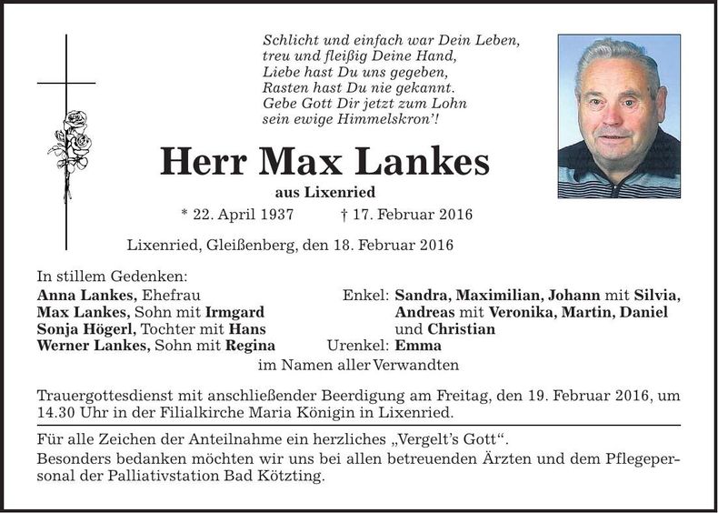 Traueranzeige Max Lankes