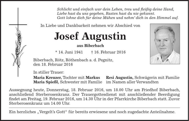 Traueranzeige Josef Augustin