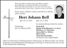 Traueranzeige Johann Reff