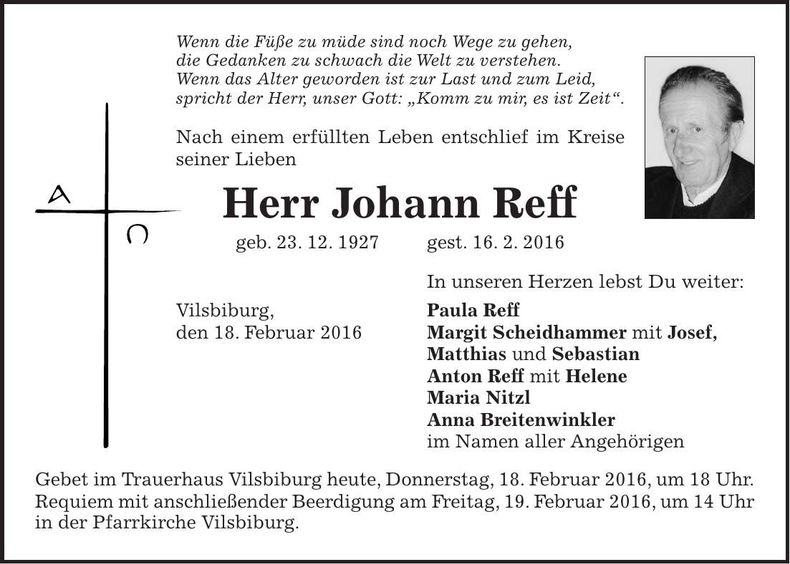 Traueranzeige Johann Reff