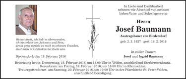 Traueranzeige Josef Baumann