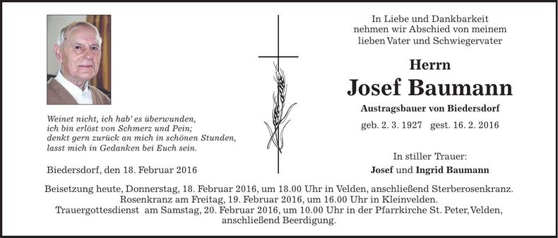 Traueranzeige Josef Baumann