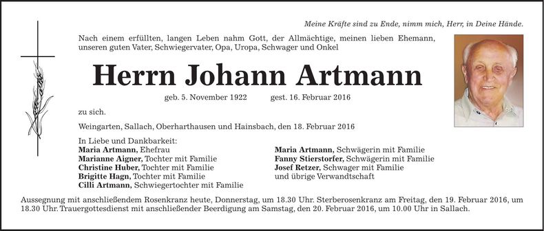 Traueranzeige Johann Artmann