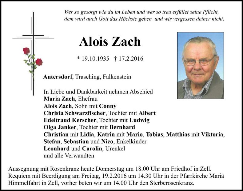 Traueranzeige Alois Zach