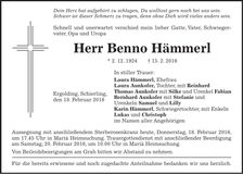 Traueranzeige Benno Hämmerl