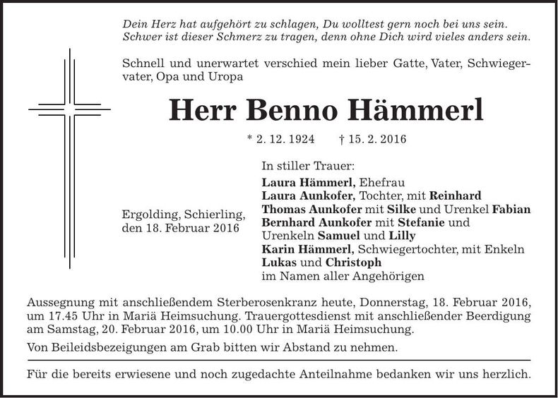 Traueranzeige Benno Hämmerl