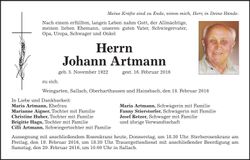 Traueranzeige Johann Artmann