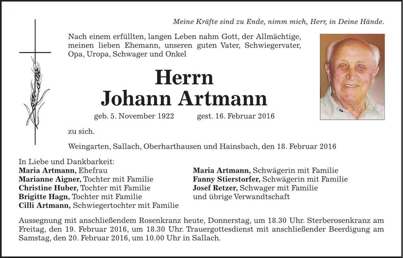 Traueranzeige Johann Artmann