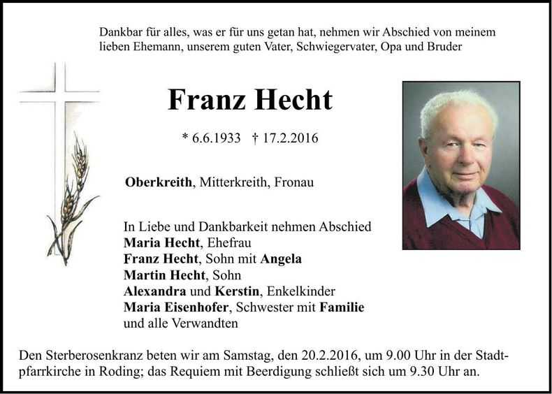 Traueranzeige Franz Hecht
