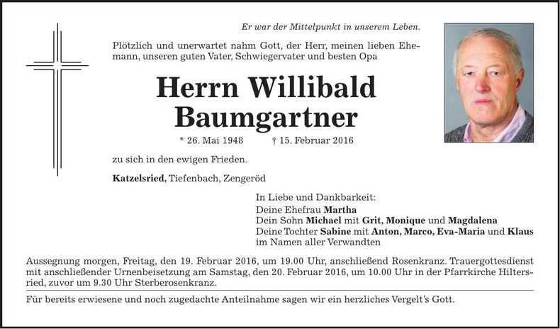 Traueranzeige Willibald Baumgartner