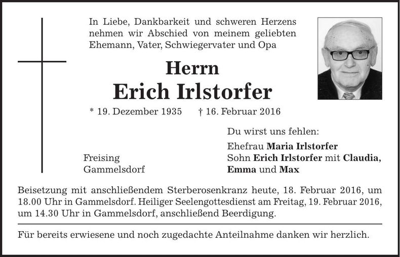 Traueranzeige Erich Irlstorfer