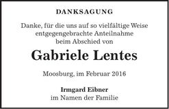 Traueranzeige Gabriele Lentes