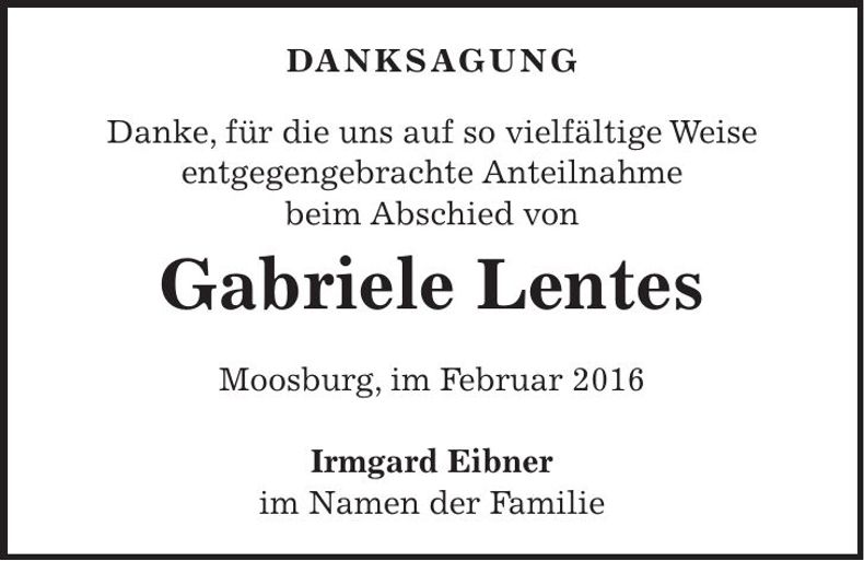 Traueranzeige Gabriele Lentes
