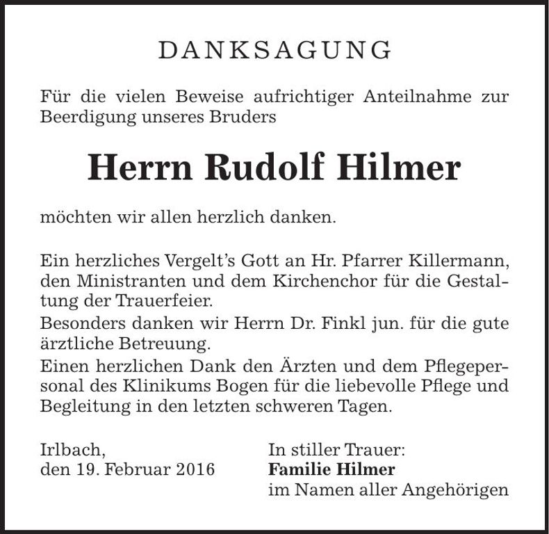 Traueranzeige Rudolf Hilmer