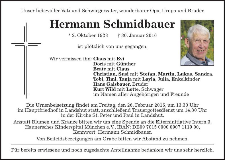 Traueranzeige Hermann Schmidbauer