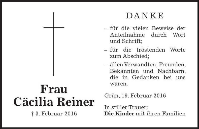 Traueranzeige Reiner Cäcilie