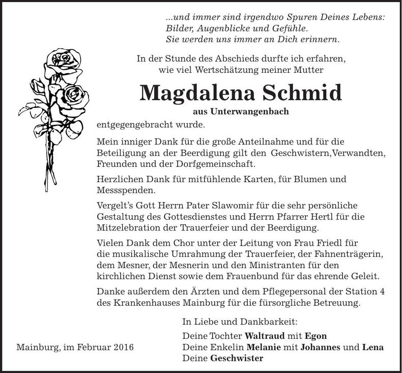 Traueranzeige Magdalena Schmid