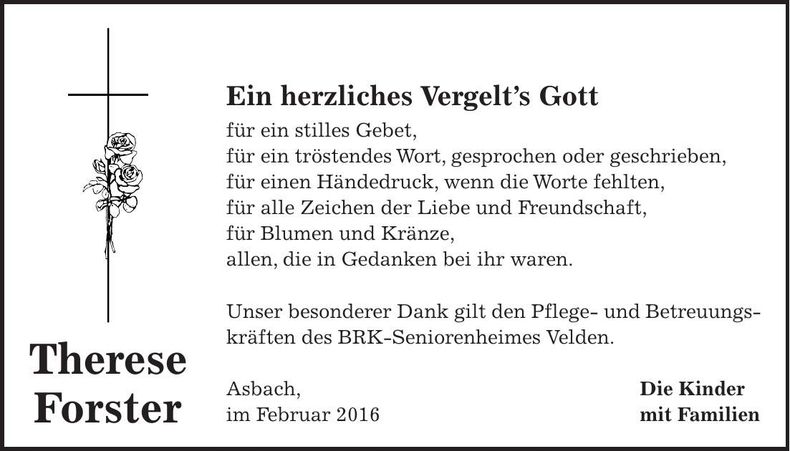 Traueranzeige Therese Forster