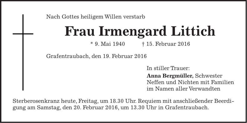 Traueranzeige Irmengard Littich