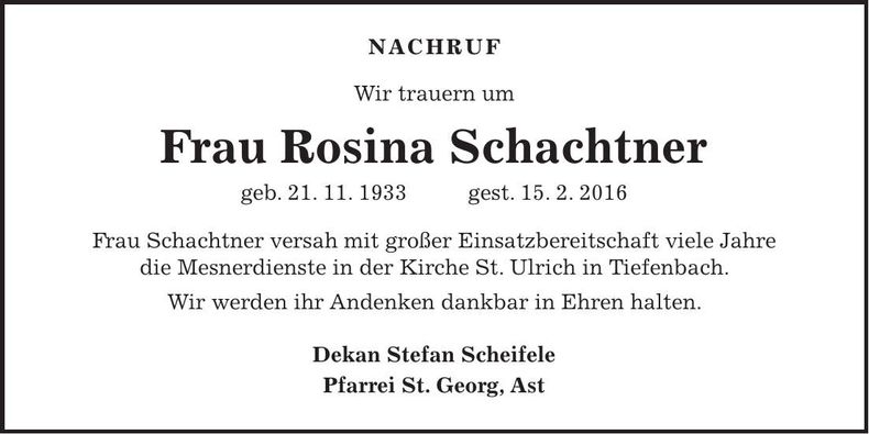 Traueranzeige Rosina Schachtner