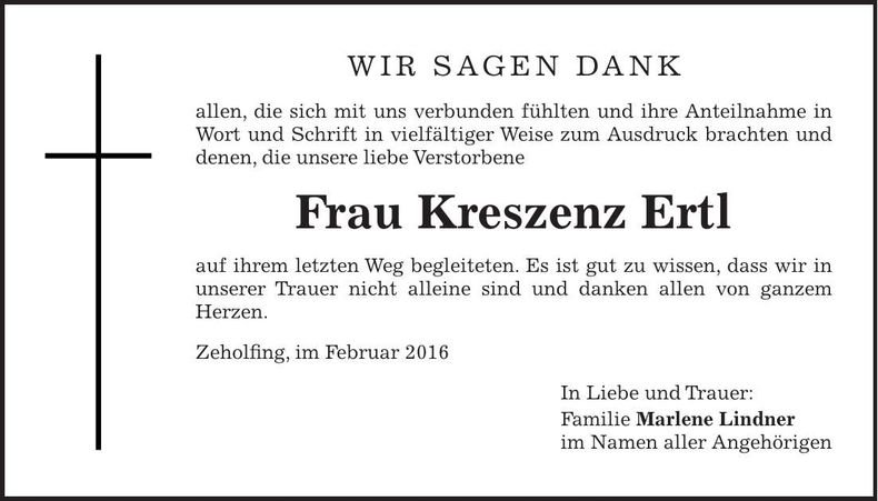 Traueranzeige Kreszenz Ertl