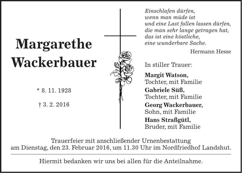 Traueranzeige Margarethe Wackerbauer