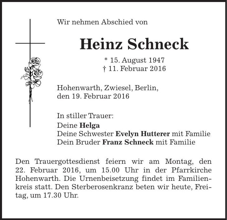 Traueranzeige Heinz Schneck