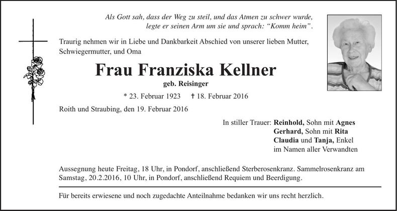 Traueranzeige Franziska Kellner