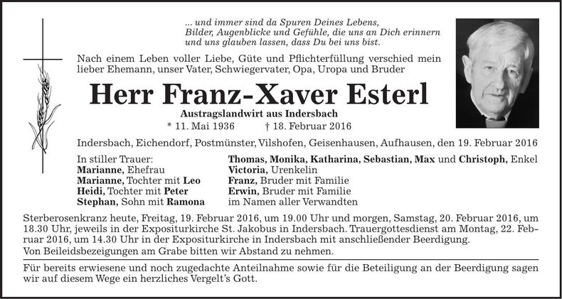 Traueranzeige Franz-Xaver Esterl