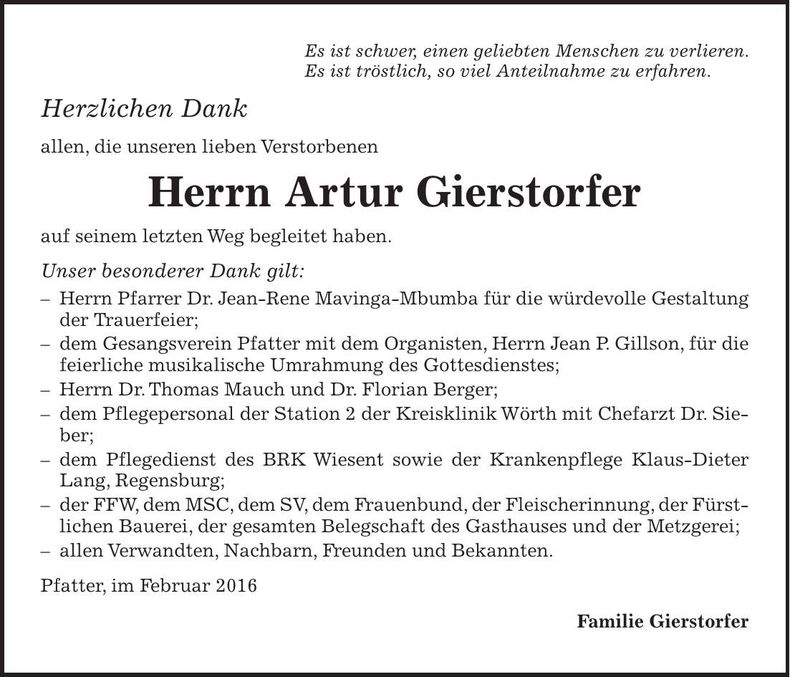 Traueranzeige Artur Gierstorfer