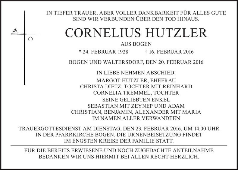 Traueranzeige Cornelius Hutzler