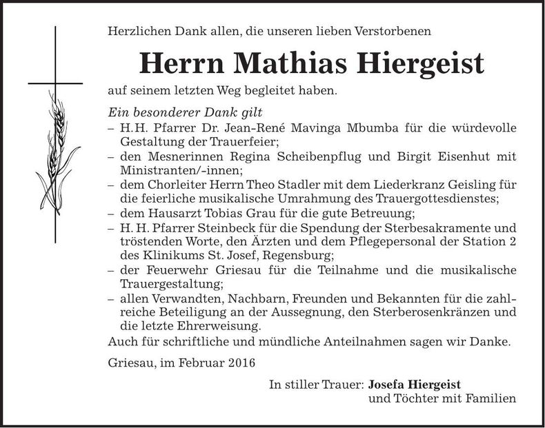 Traueranzeige Mathias Hiergeist