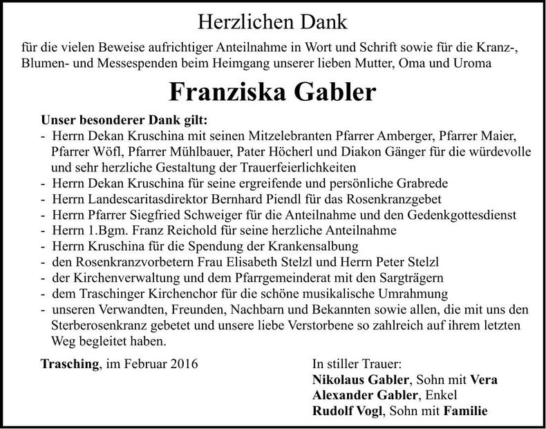 Traueranzeige Franziska Gabler