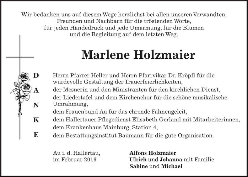 Traueranzeige Marlene Holzmaier